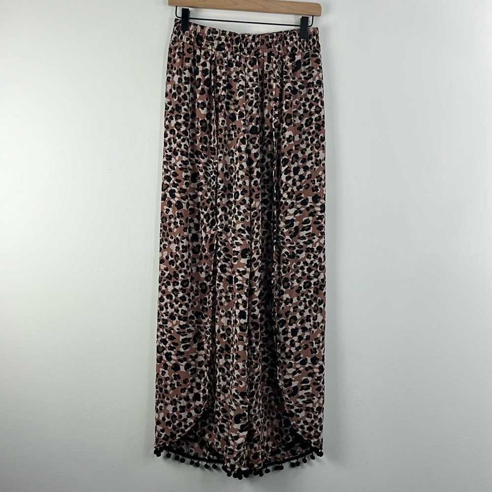 Time & Tru Leopard Pront Split Front Pom Pom Swim Coverup Pants Womens Size M